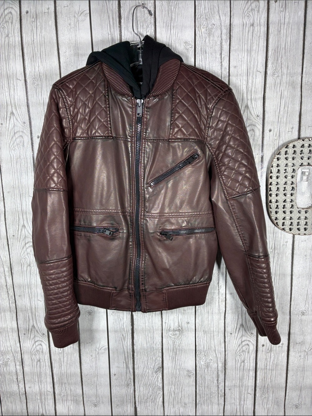 Express| Distressed Quilted Vegan-Leather Hooded Bomber Jacket in Burgundy Brown
